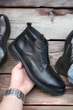 Gerçek Deri Erkek Siyah Bağcıklı Bot